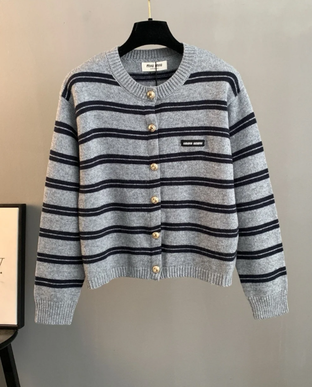 Miu Miu Gray Crewneck Sweater with Navy Stripes